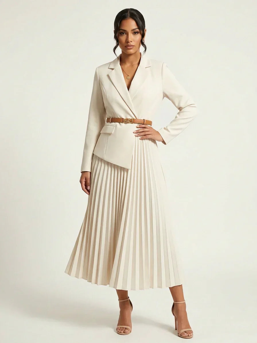 Elegant Pleated Midi Dress Women – Blazer Style Long Sleeve Dress – Maison  Lunescimento
