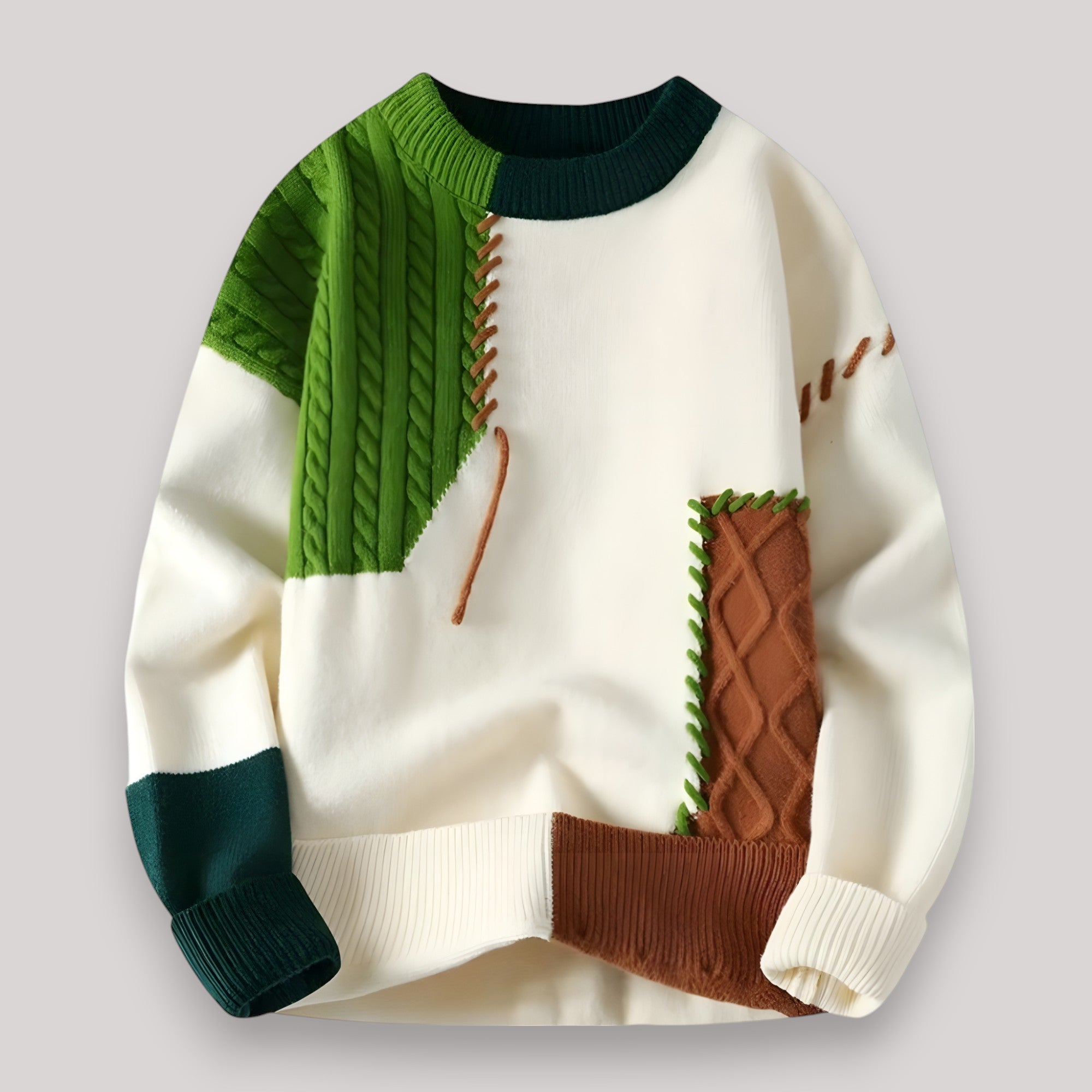 Men's Color Block Patchwork Knit Sweater | Bold Cable Knit Pullover in Multiple Colors
