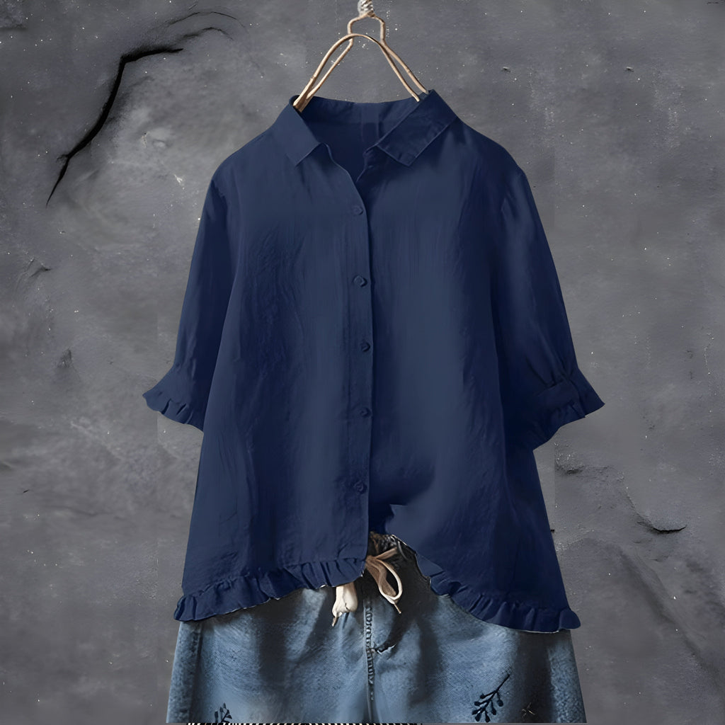 Women's Ruffle Trim Button-Up Blouse | Elegant 3/4 Sleeve Top in Multiple Colors
