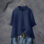 Women's Ruffle Trim Button-Up Blouse | Elegant 3/4 Sleeve Top in Multiple Colors