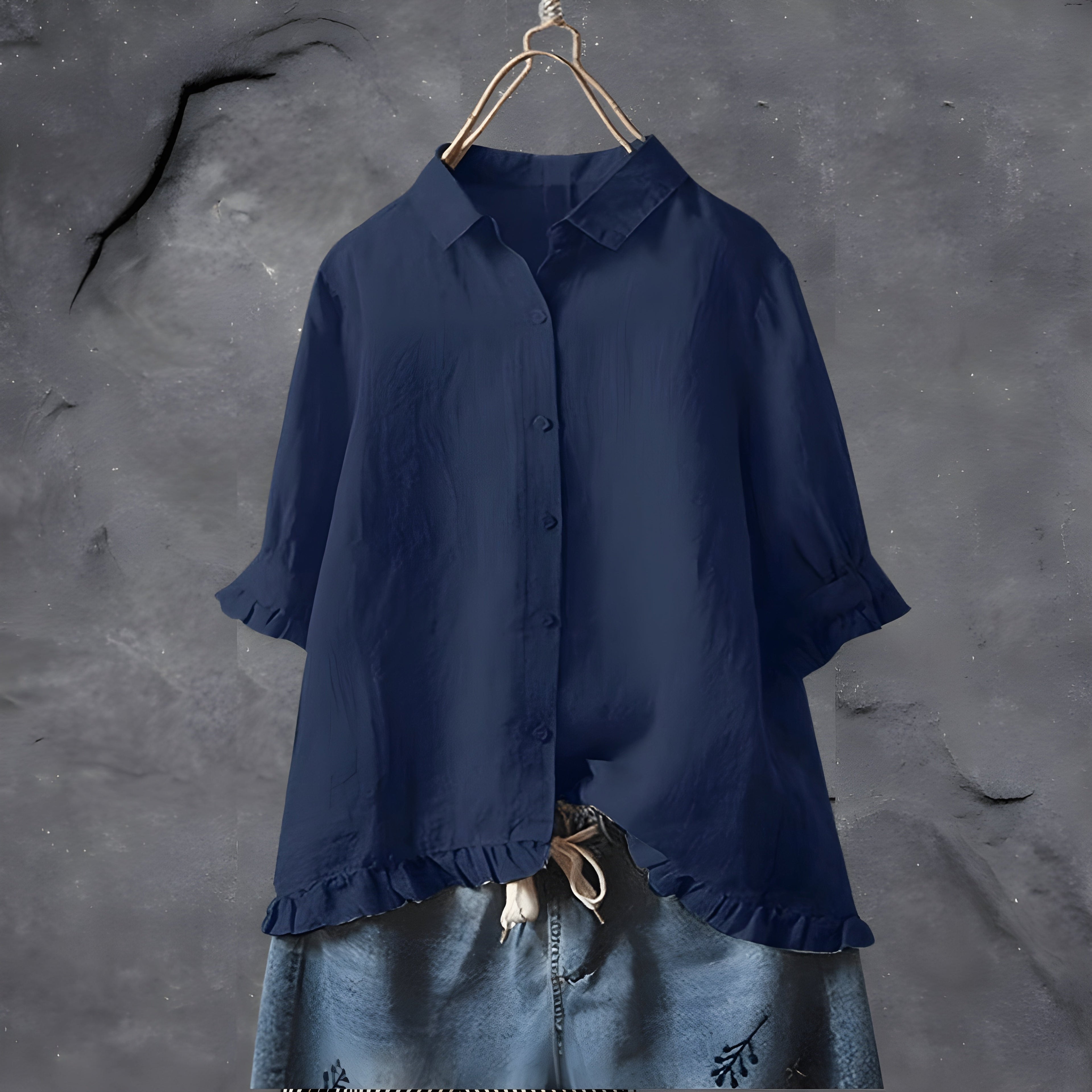 Women's Ruffle Trim Button-Up Blouse | Elegant 3/4 Sleeve Top in Multiple Colors