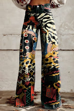 Women's Boho Floral Wide-Leg Pants | High Waist Vintage Print Trousers