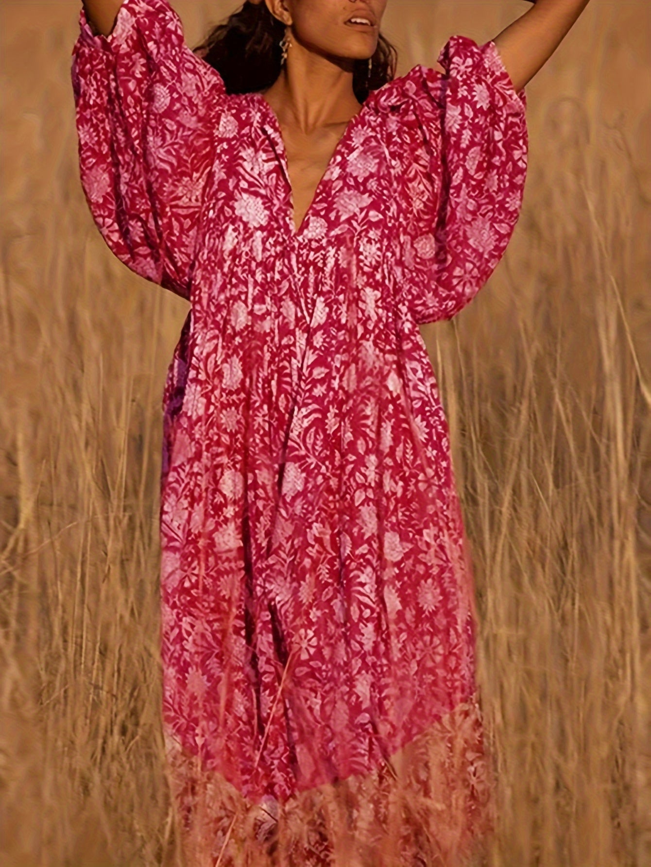 Women's Floral V-Neck Midi Dress | Feminine Colorblock Two-Tone Dress