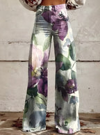Women's Boho Floral Wide-Leg Pants | High Waist Vintage Print Trousers