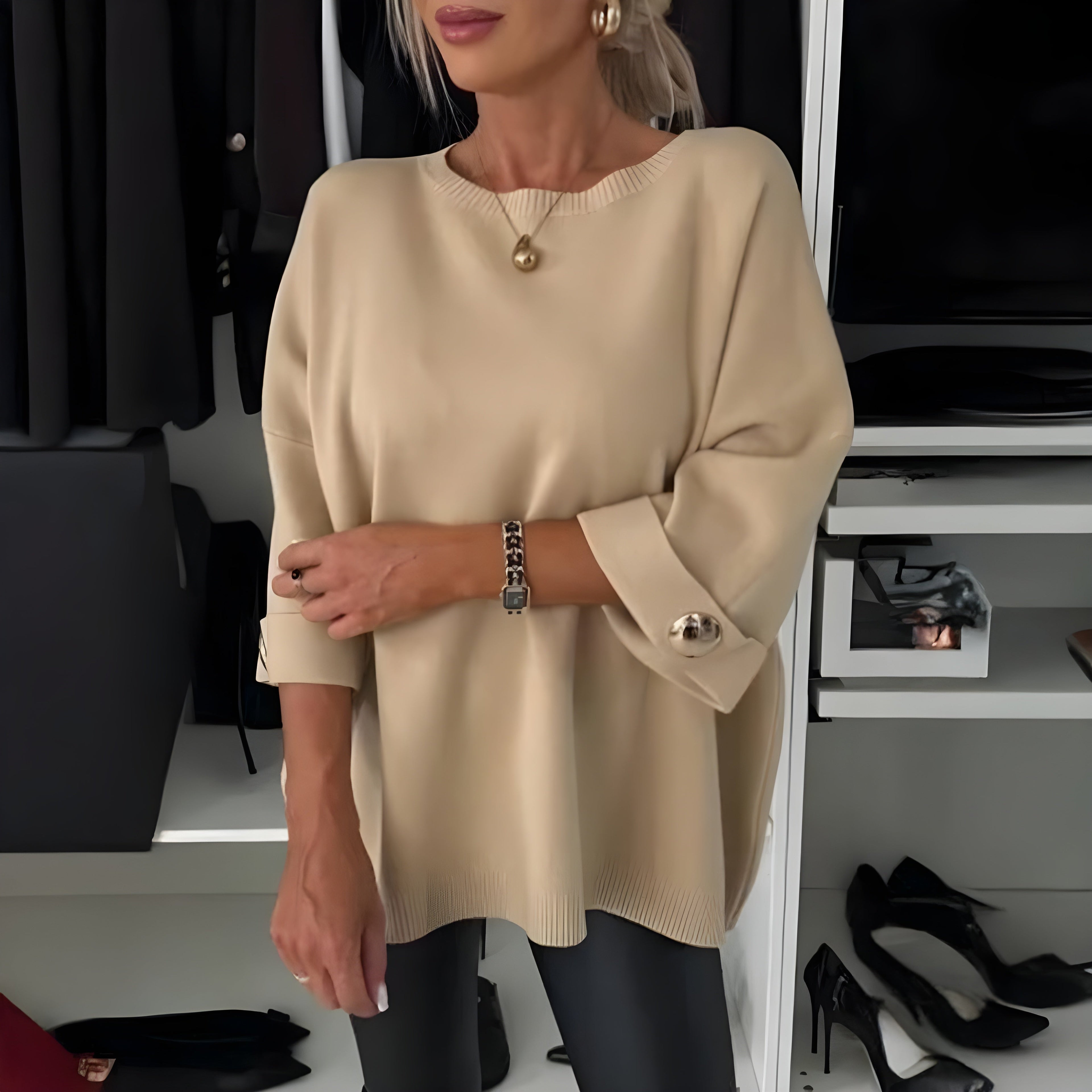 Women's Knit 3/4 Sleeve Top | Relaxed Casual Ribbed Knitwear for Everyday Wear