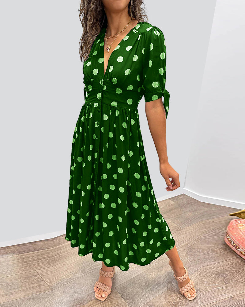 Women's V-Neck Midi Dress with Timeless Polka Dot Pattern