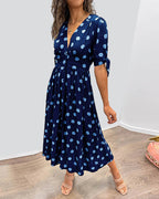 Women's V-Neck Midi Dress with Timeless Polka Dot Pattern