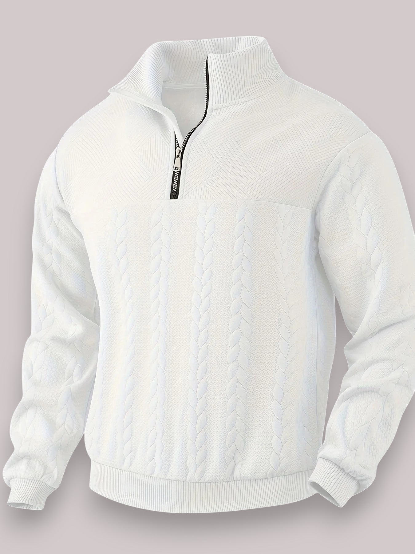 Men's Quarter-Zip Cable Knit Sweater | Textured Stand Collar Pullover in Multiple Colors