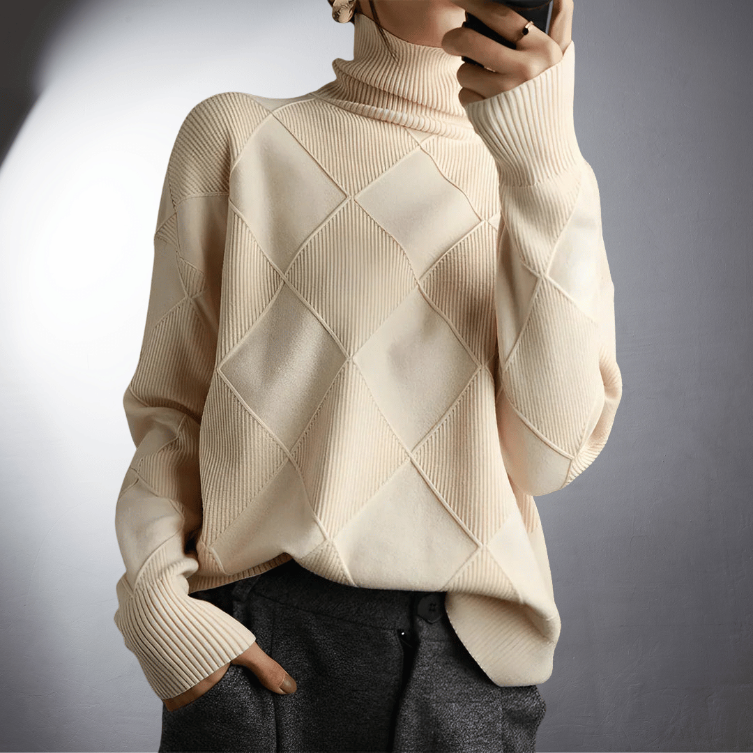 Women's Handcrafted High-Neck Sweater | Artisanal Turtleneck Knitwear with Unique Detail