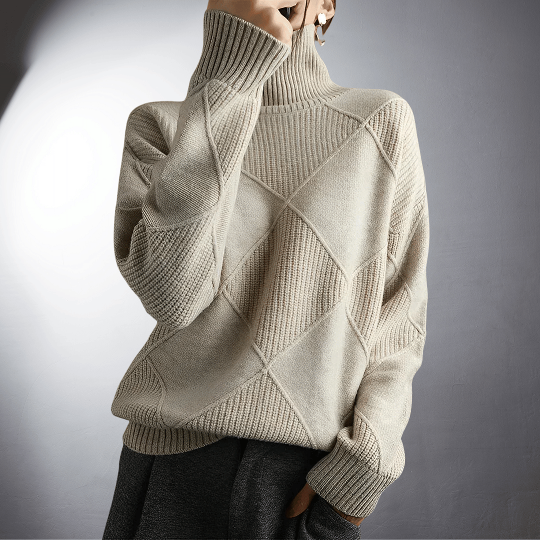 Women's Handcrafted High-Neck Sweater | Artisanal Turtleneck Knitwear with Unique Detail