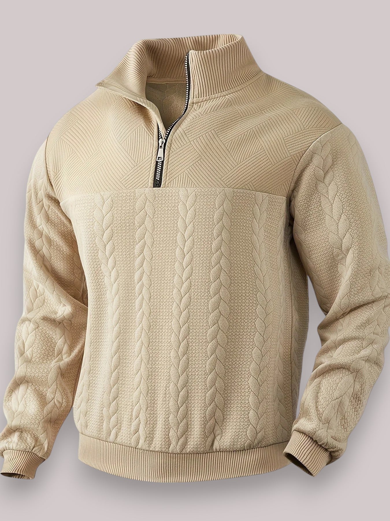 Men's Quarter-Zip Cable Knit Sweater | Textured Stand Collar Pullover in Multiple Colors
