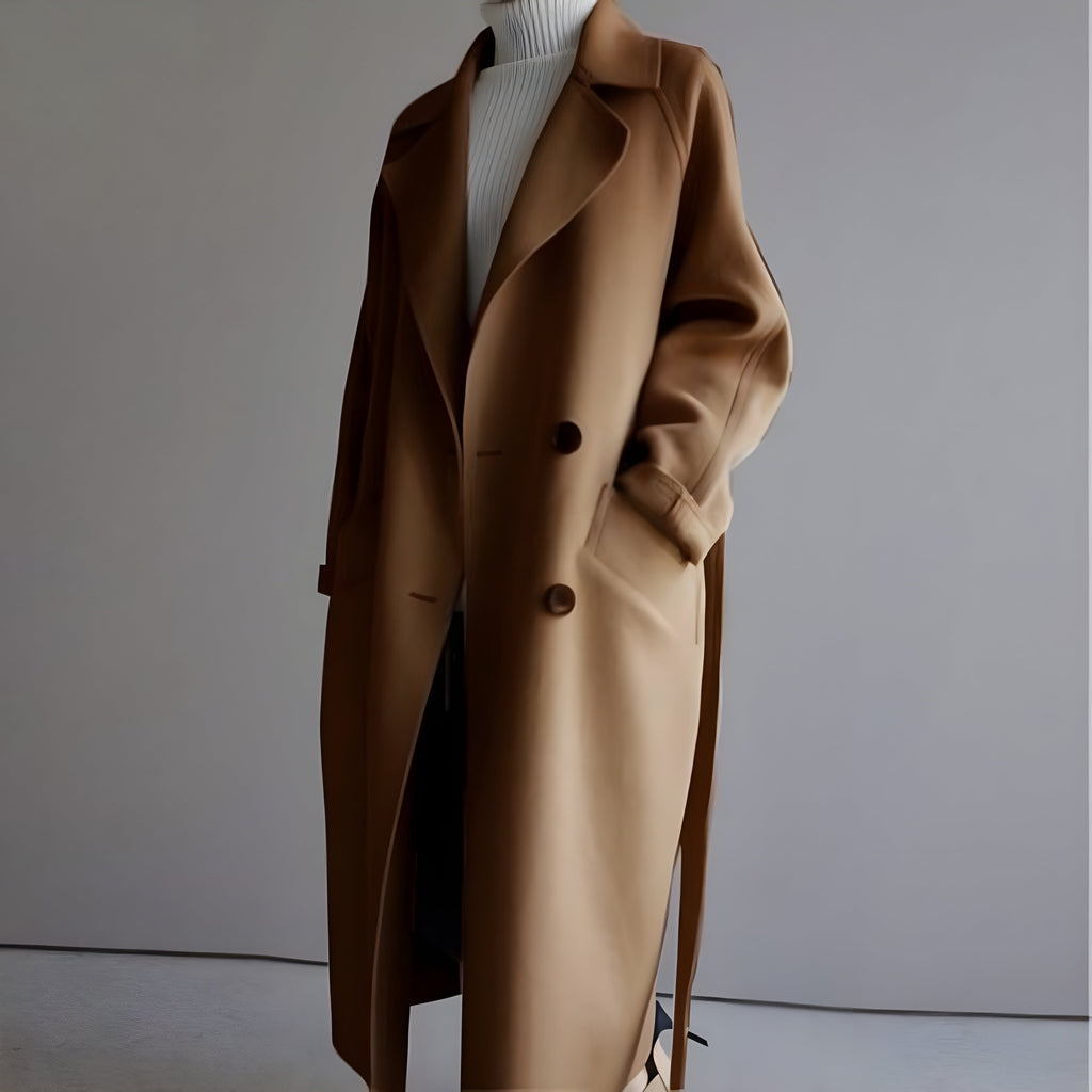 Women's Elegant Long Wool Coat | Classic Double-Breasted Winter Coat in Neutral Tones