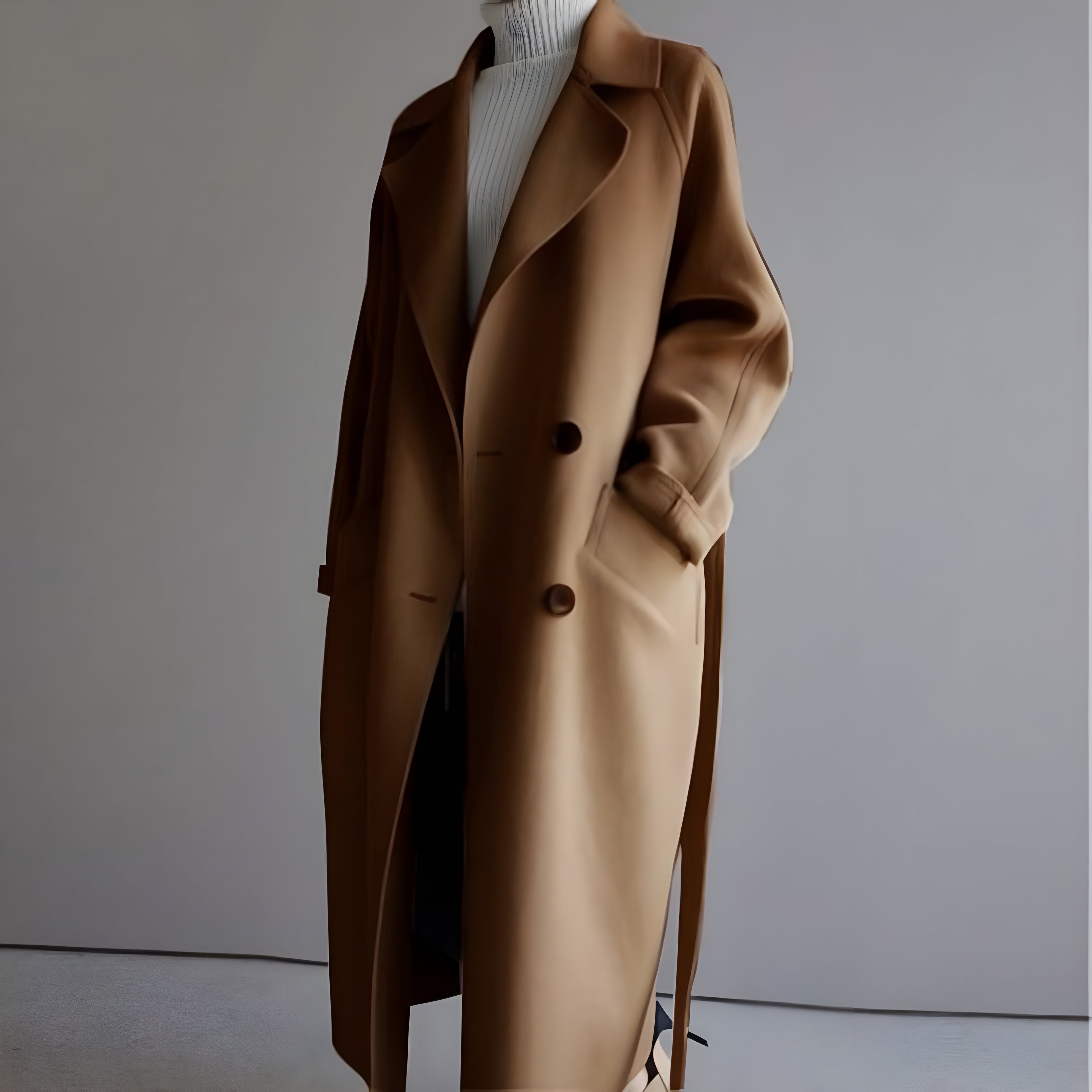 Women's Elegant Long Wool Coat | Classic Double-Breasted Winter Coat in Neutral Tones