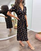 Women's V-Neck Midi Dress with Timeless Polka Dot Pattern