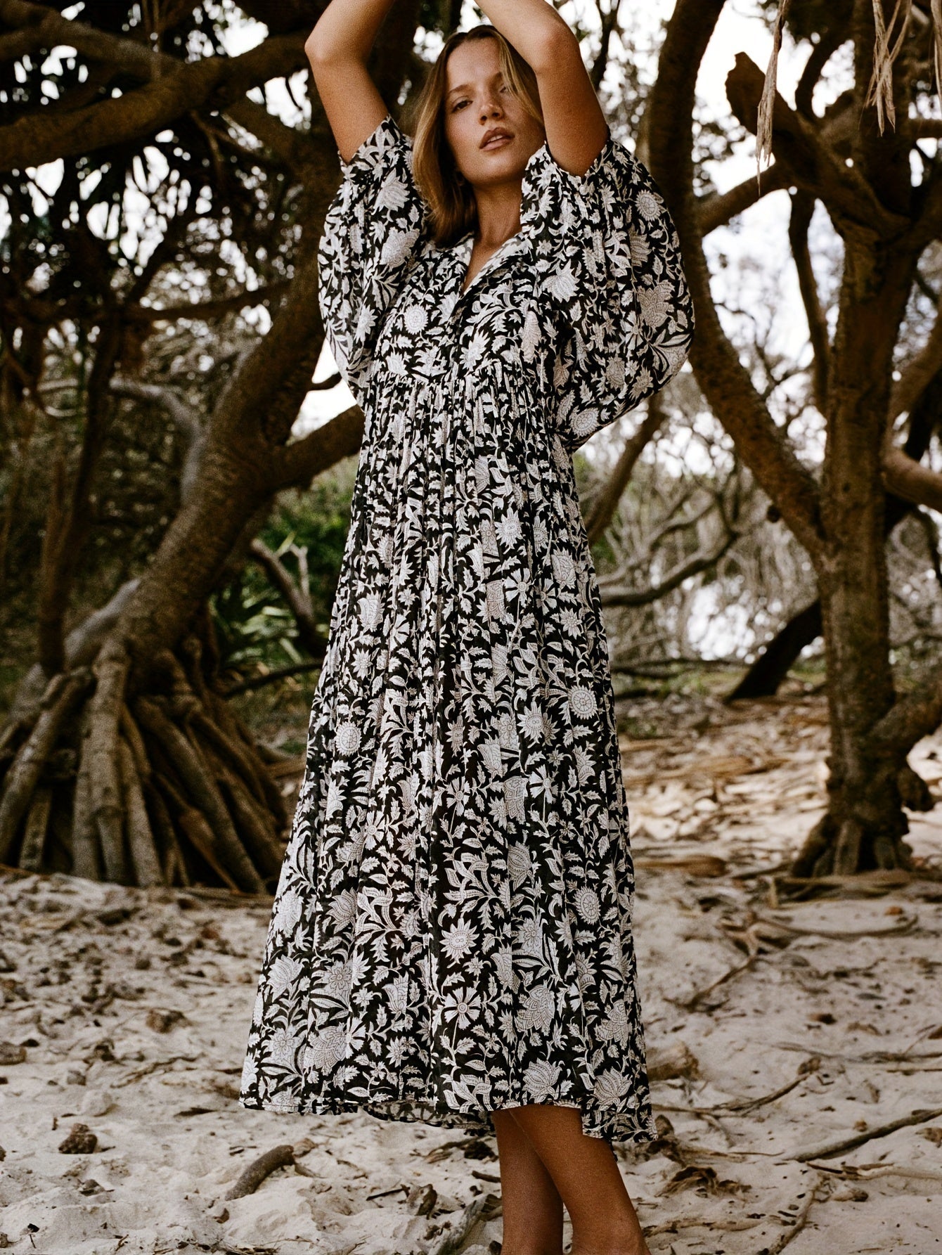Women's Floral V-Neck Midi Dress | Feminine Colorblock Two-Tone Dress