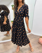 Women's V-Neck Midi Dress with Timeless Polka Dot Pattern