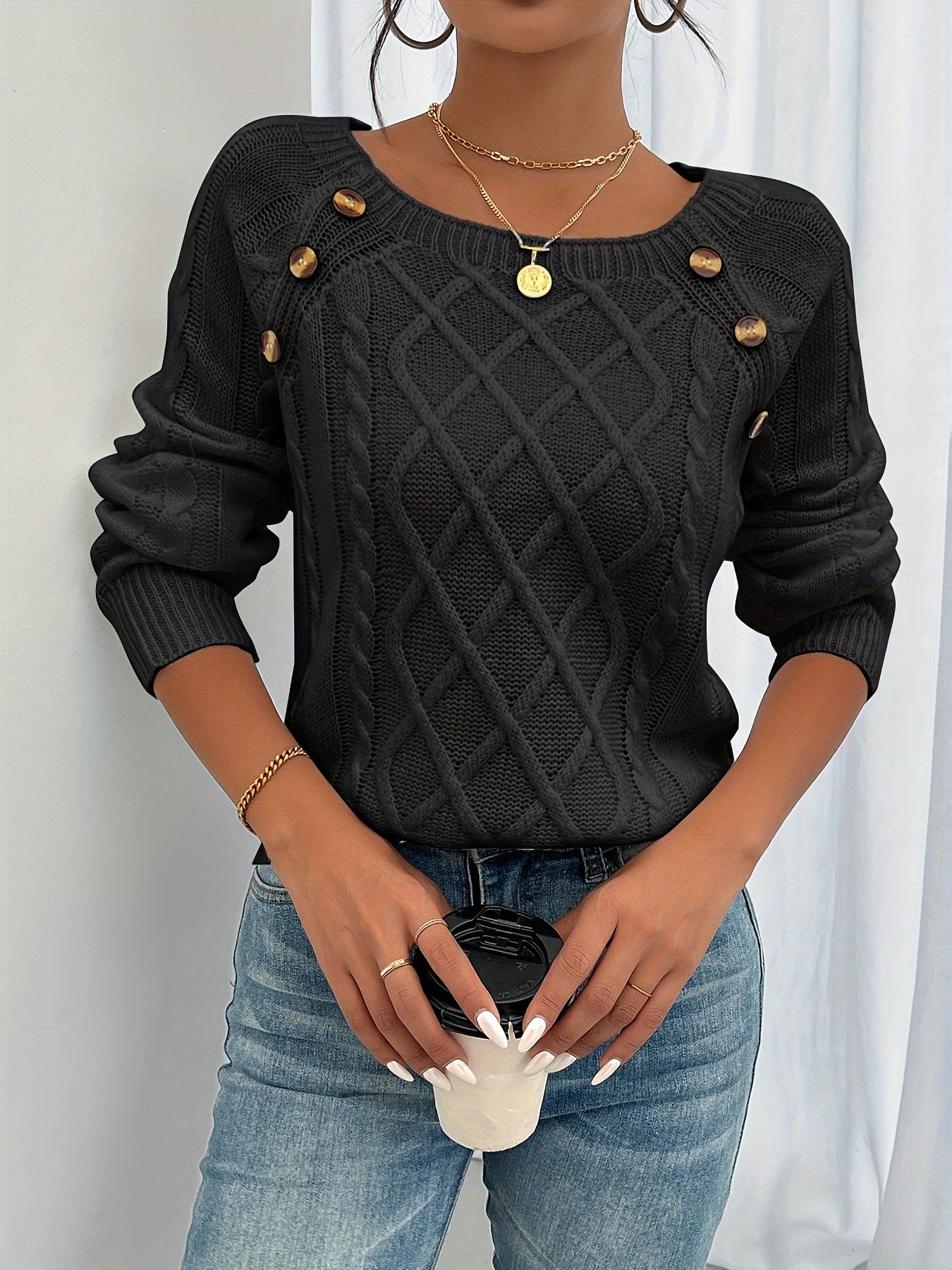 Women's Cable Knit Sweater with Button Shoulder Detail | Classic Scoop Neck Pullover