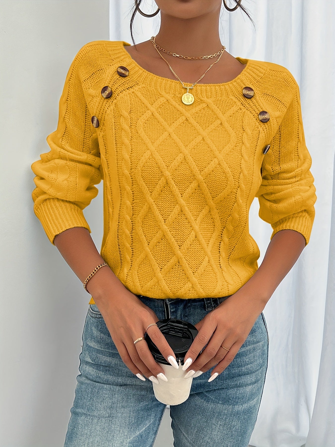 Women's Cable Knit Sweater with Button Shoulder Detail | Classic Scoop Neck Pullover