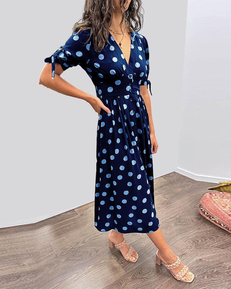 Women's V-Neck Midi Dress with Timeless Polka Dot Pattern