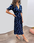 Women's V-Neck Midi Dress with Timeless Polka Dot Pattern