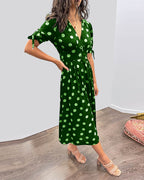 Women's V-Neck Midi Dress with Timeless Polka Dot Pattern