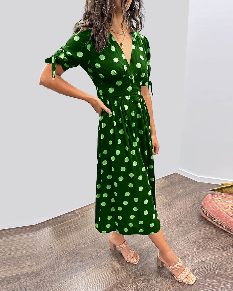 Women's V-Neck Midi Dress with Timeless Polka Dot Pattern