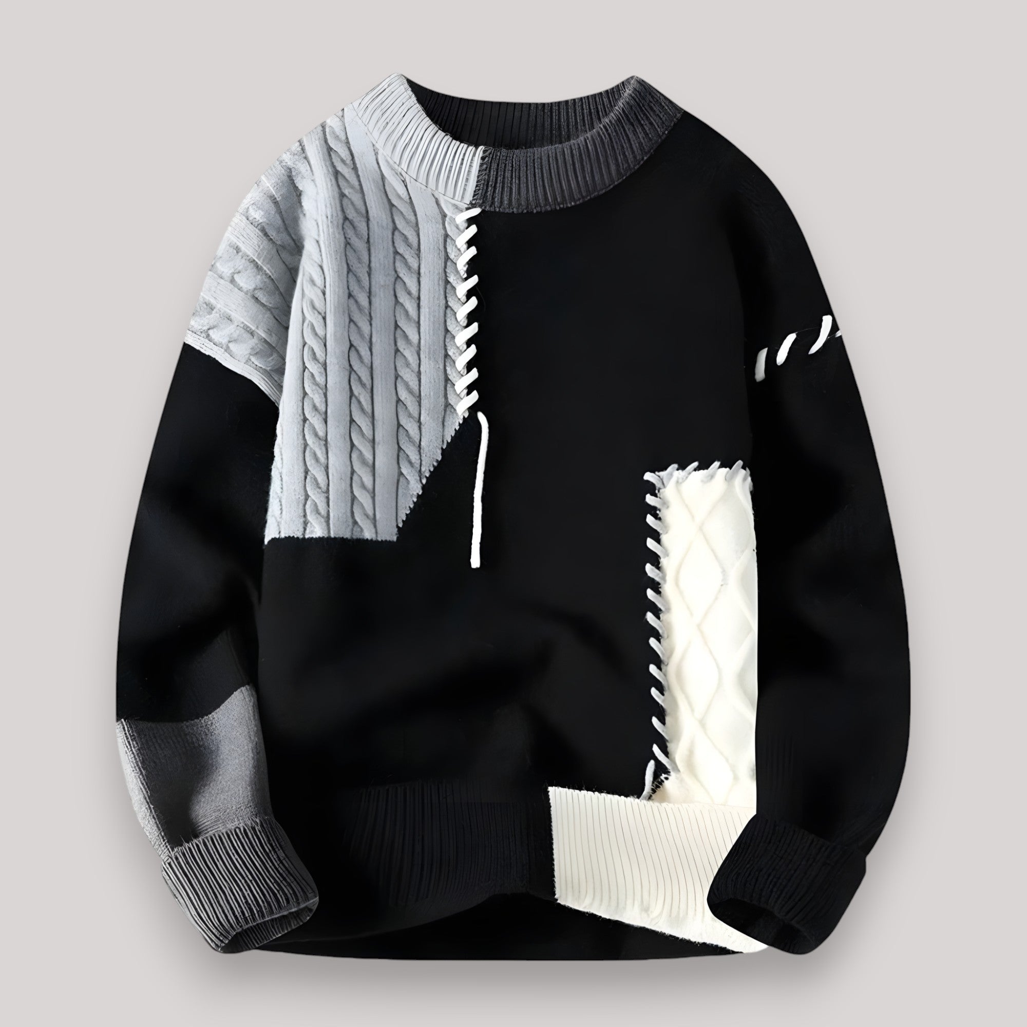 Men's Color Block Patchwork Knit Sweater | Bold Cable Knit Pullover in Multiple Colors