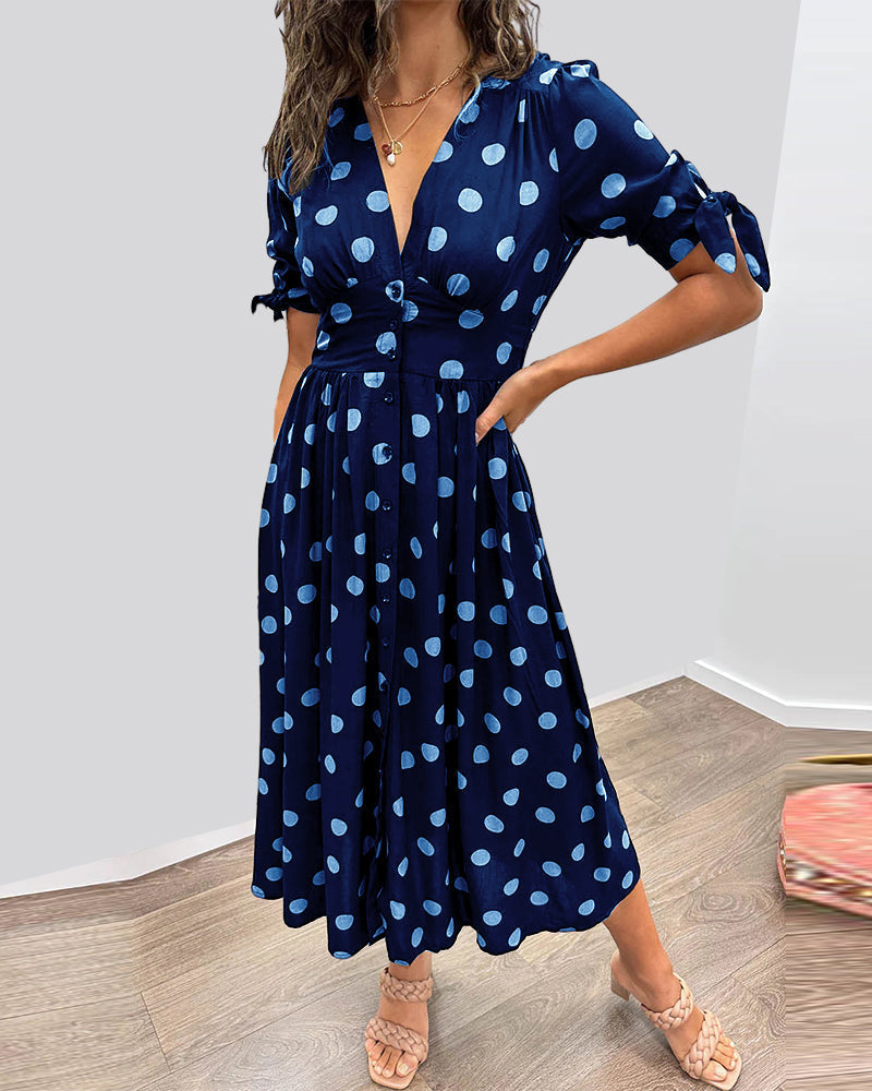 Women's V-Neck Midi Dress with Timeless Polka Dot Pattern