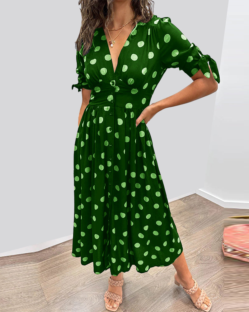 Women's V-Neck Midi Dress with Timeless Polka Dot Pattern