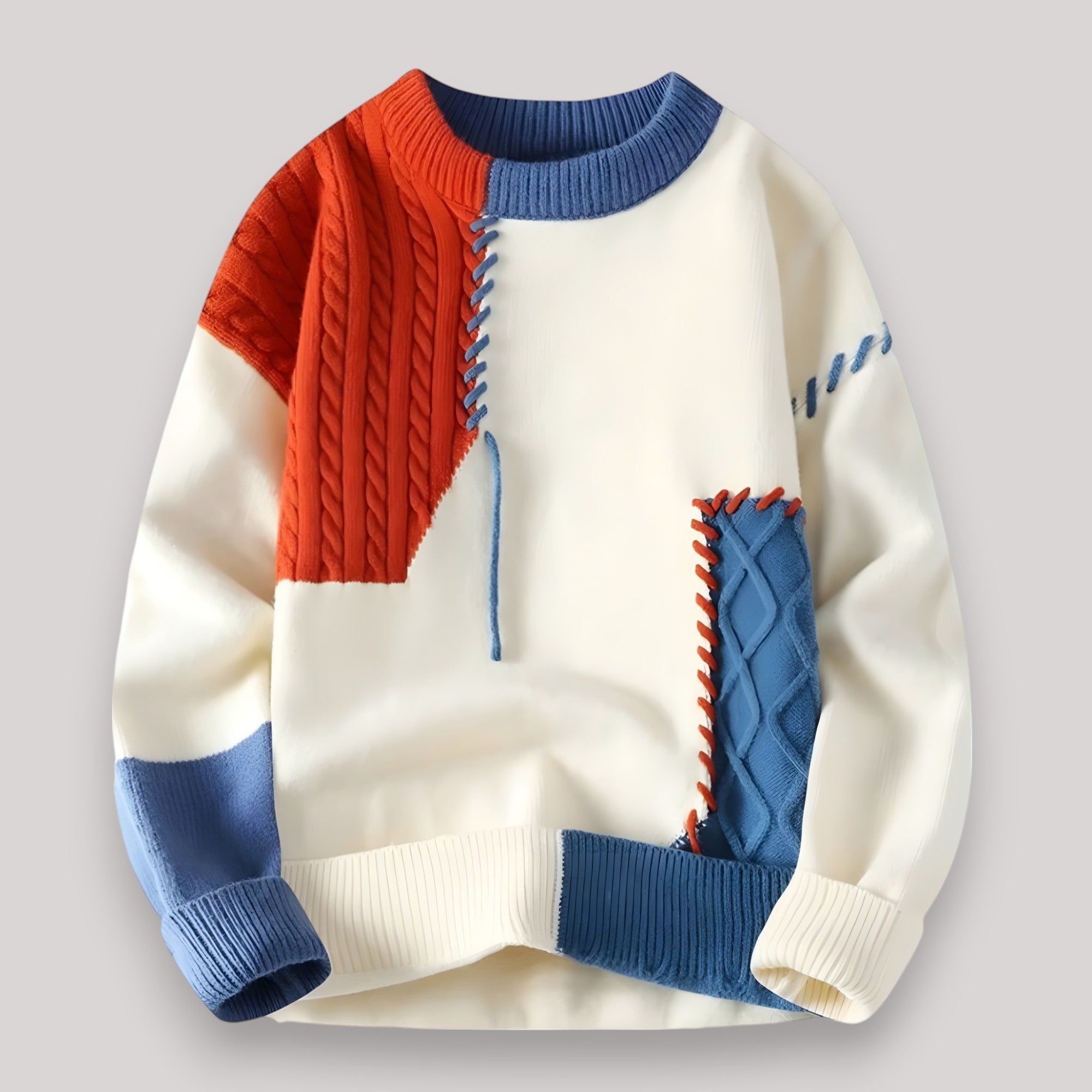 Men's Color Block Patchwork Knit Sweater | Bold Cable Knit Pullover in Multiple Colors