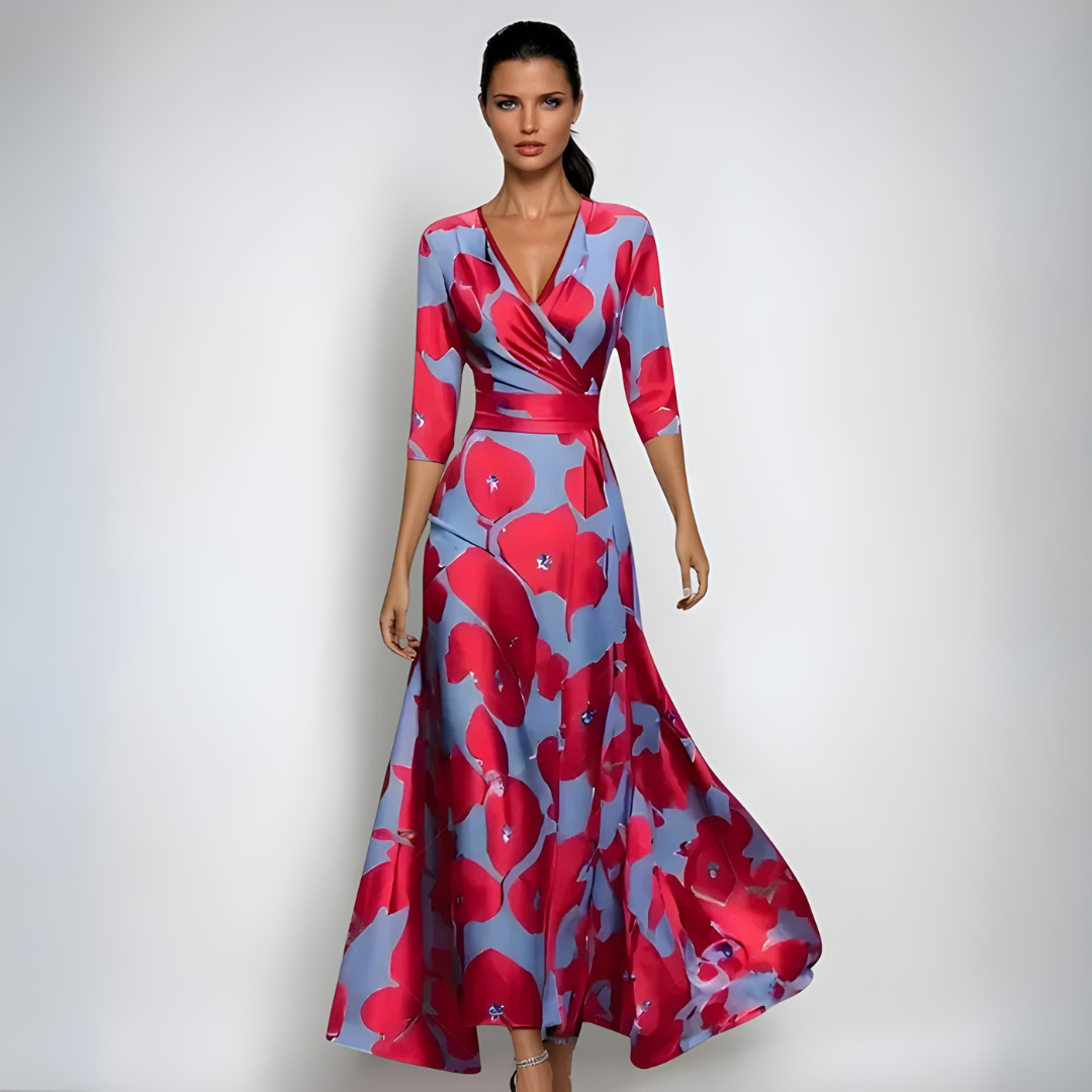 Women's Floral Wrap Maxi Dress | Bold Red Floral Print V-Neck Long Dress with 3/4 Sleeves
