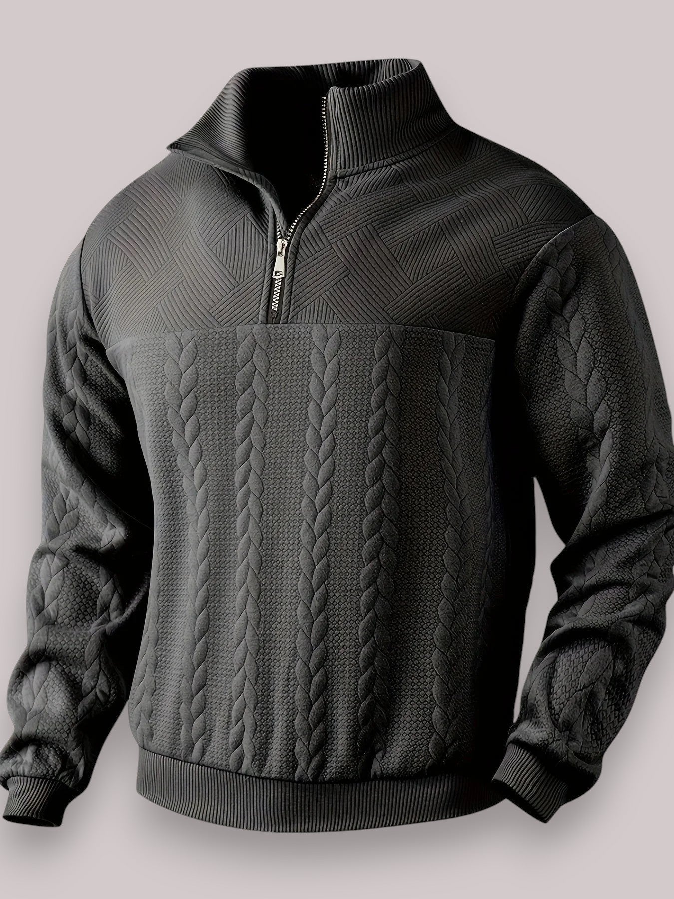 Men's Quarter-Zip Cable Knit Sweater | Textured Stand Collar Pullover in Multiple Colors