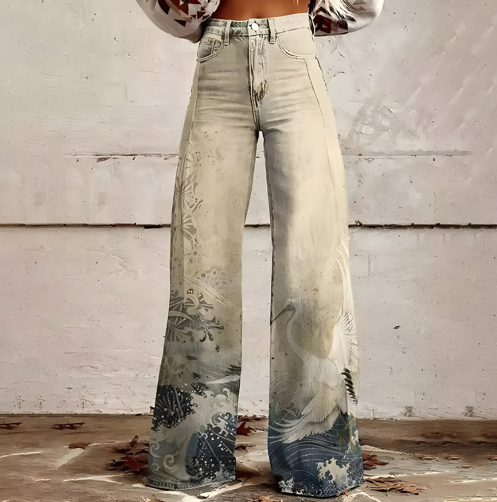 Women's Boho Floral Wide-Leg Pants | High Waist Vintage Print Trousers