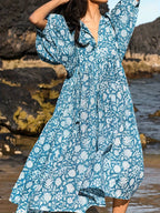 Women's Floral V-Neck Midi Dress | Feminine Colorblock Two-Tone Dress