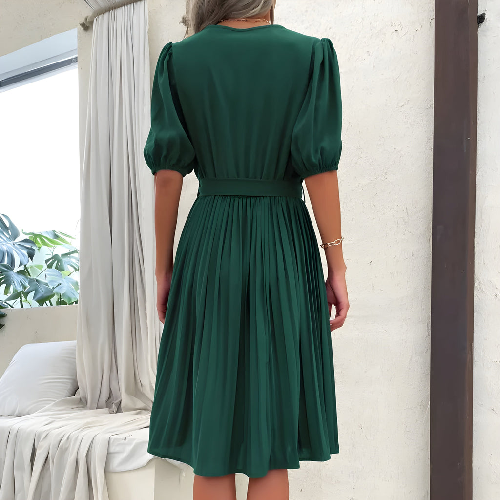 Women's Elegant Pleated Dress with V-Neck