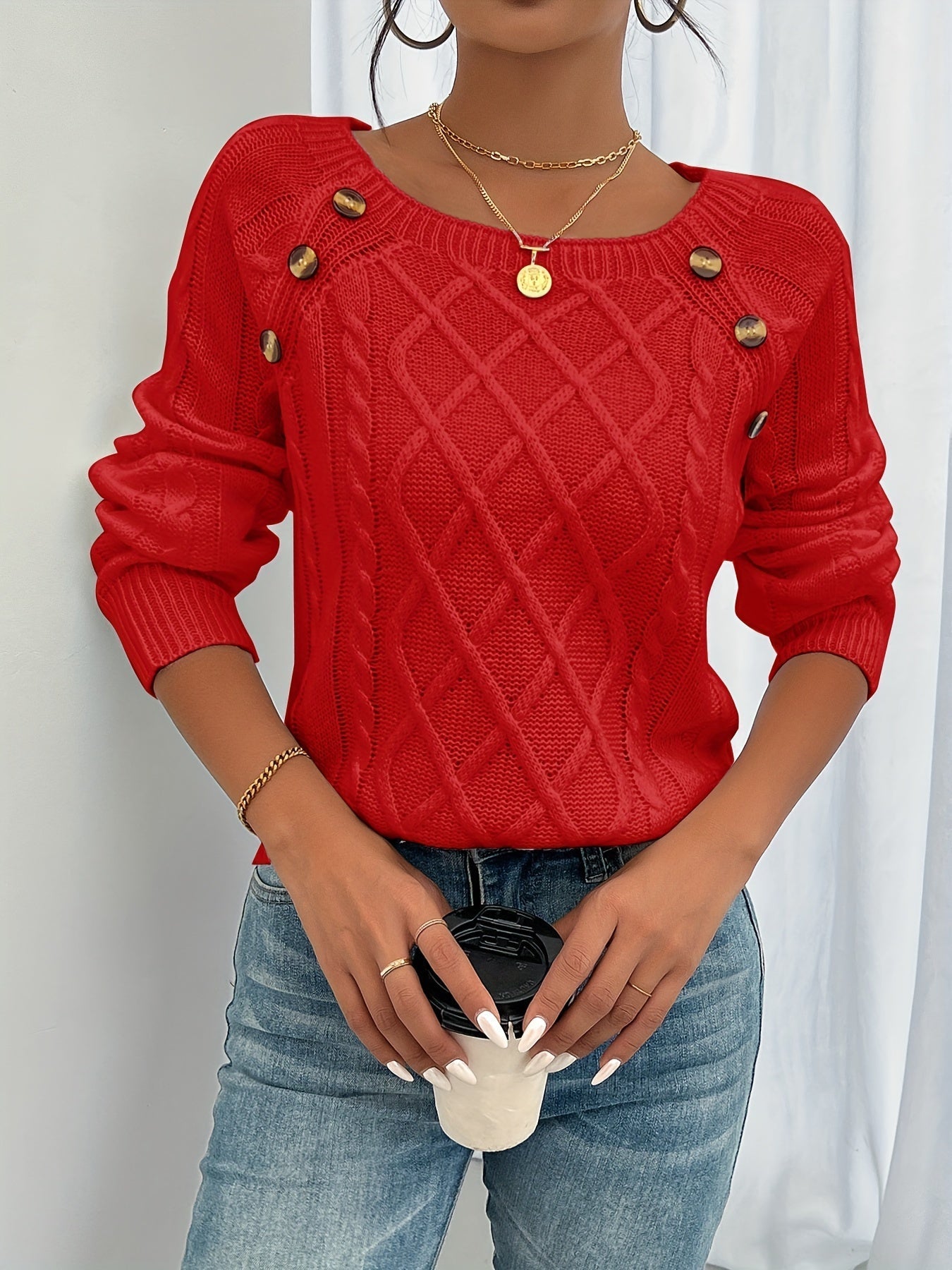 Women's Cable Knit Sweater with Button Shoulder Detail | Classic Scoop Neck Pullover