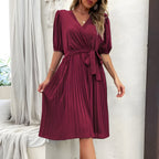 Women's Elegant Pleated Dress with V-Neck