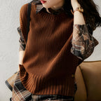 Women's Ribbed Knit Sweater Vest | Trendy Sleeveless Layering Top in Caramel