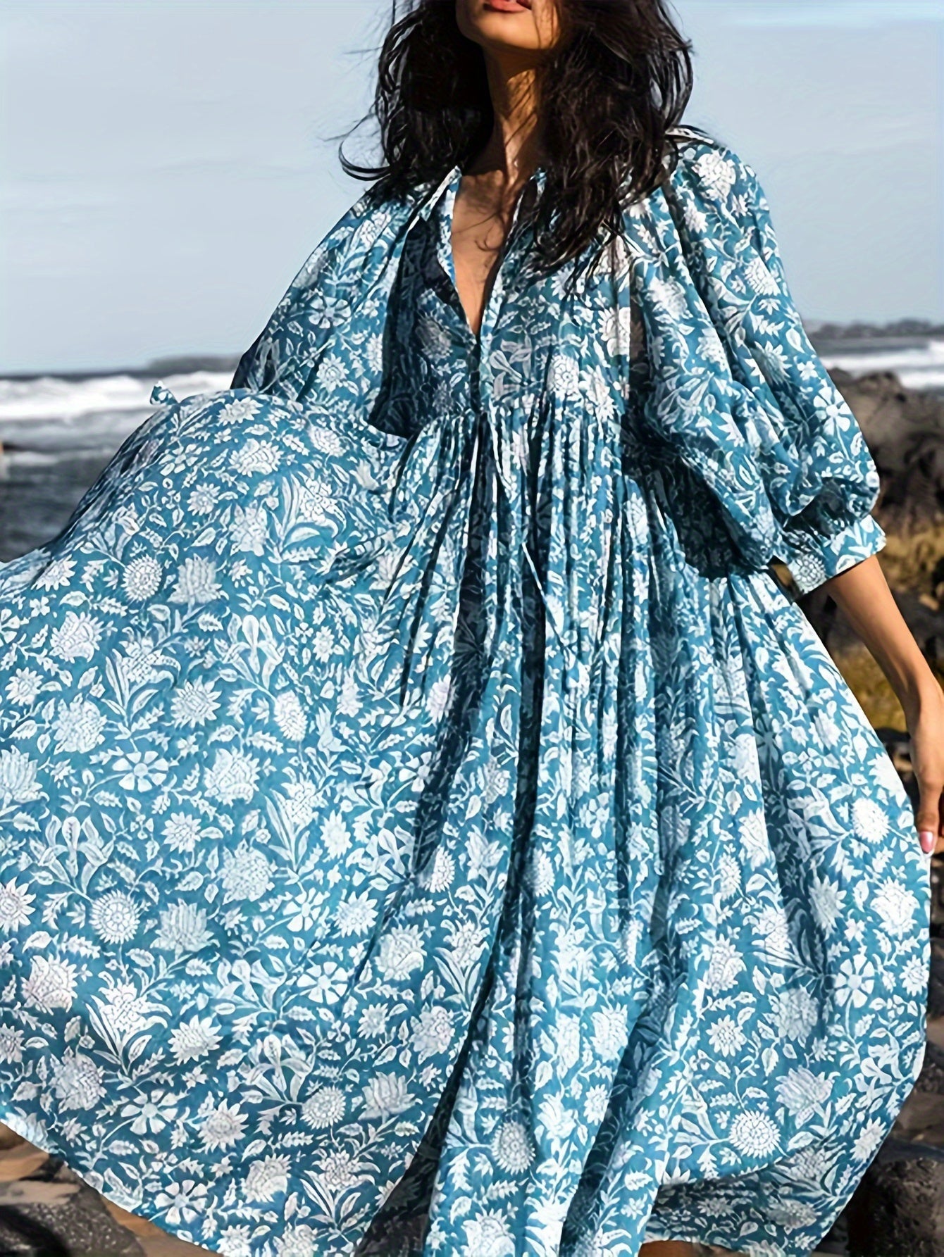 Women's Floral V-Neck Midi Dress | Feminine Colorblock Two-Tone Dress
