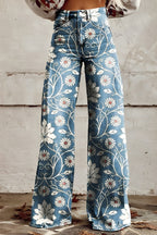 Women's Boho Floral Wide-Leg Pants | High Waist Vintage Print Trousers