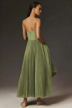 Women's Elegant Bustier Pleated Tulle Midi Dress