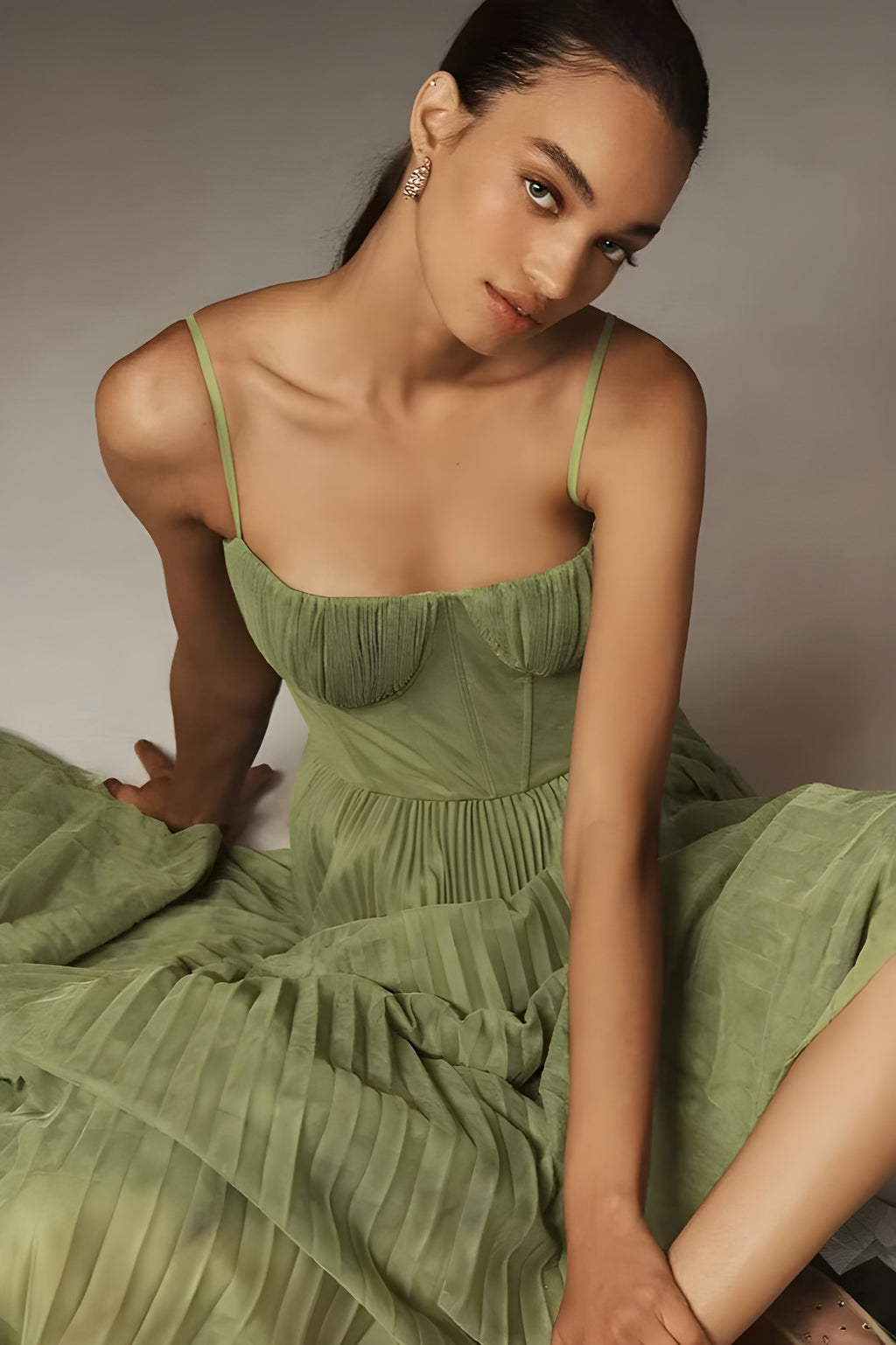Women's Elegant Bustier Pleated Tulle Midi Dress