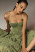 Women's Elegant Bustier Pleated Tulle Midi Dress