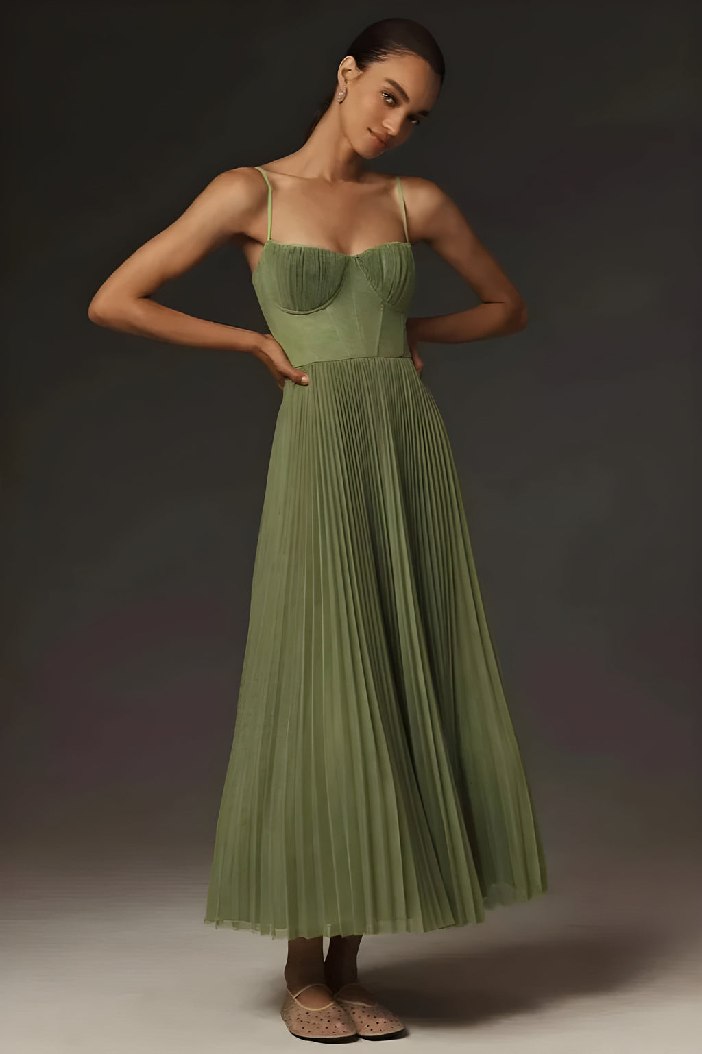 Women's Elegant Bustier Pleated Tulle Midi Dress