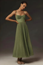 Women's Elegant Bustier Pleated Tulle Midi Dress