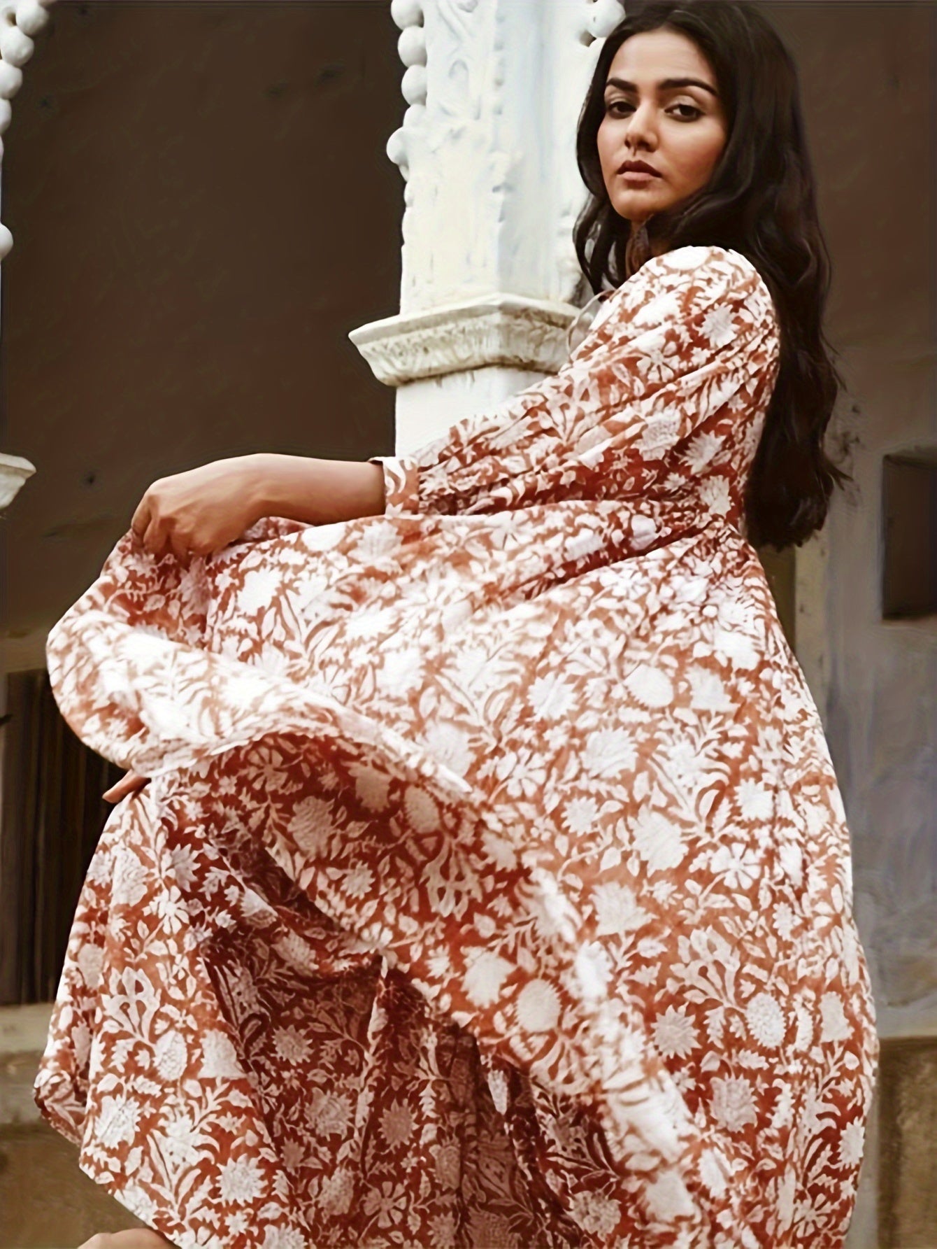 Women's Floral V-Neck Midi Dress | Feminine Colorblock Two-Tone Dress