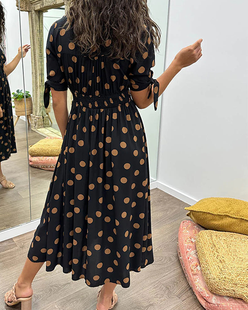 Women's V-Neck Midi Dress with Timeless Polka Dot Pattern