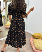 Women's V-Neck Midi Dress with Timeless Polka Dot Pattern