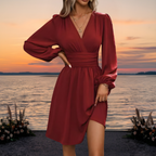 Women's V-Neck Balloon Sleeve Midi Dress | Elegant Cocktail Dress in Burgundy