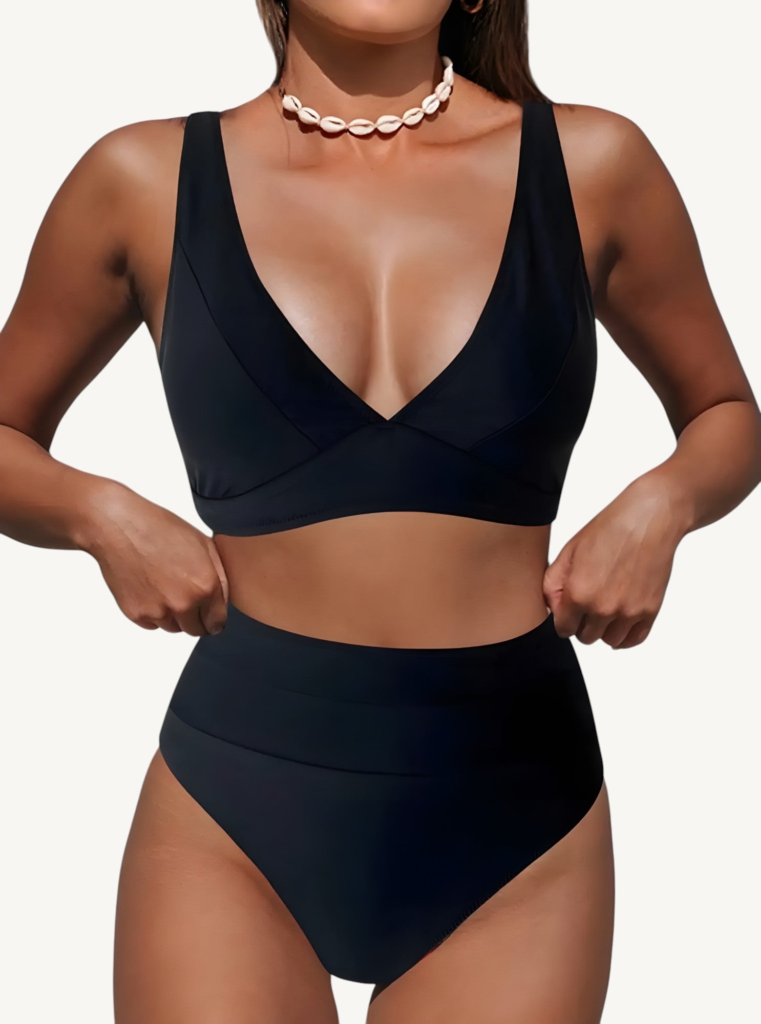 Women's High-Waist Bikini Set with V-Neck